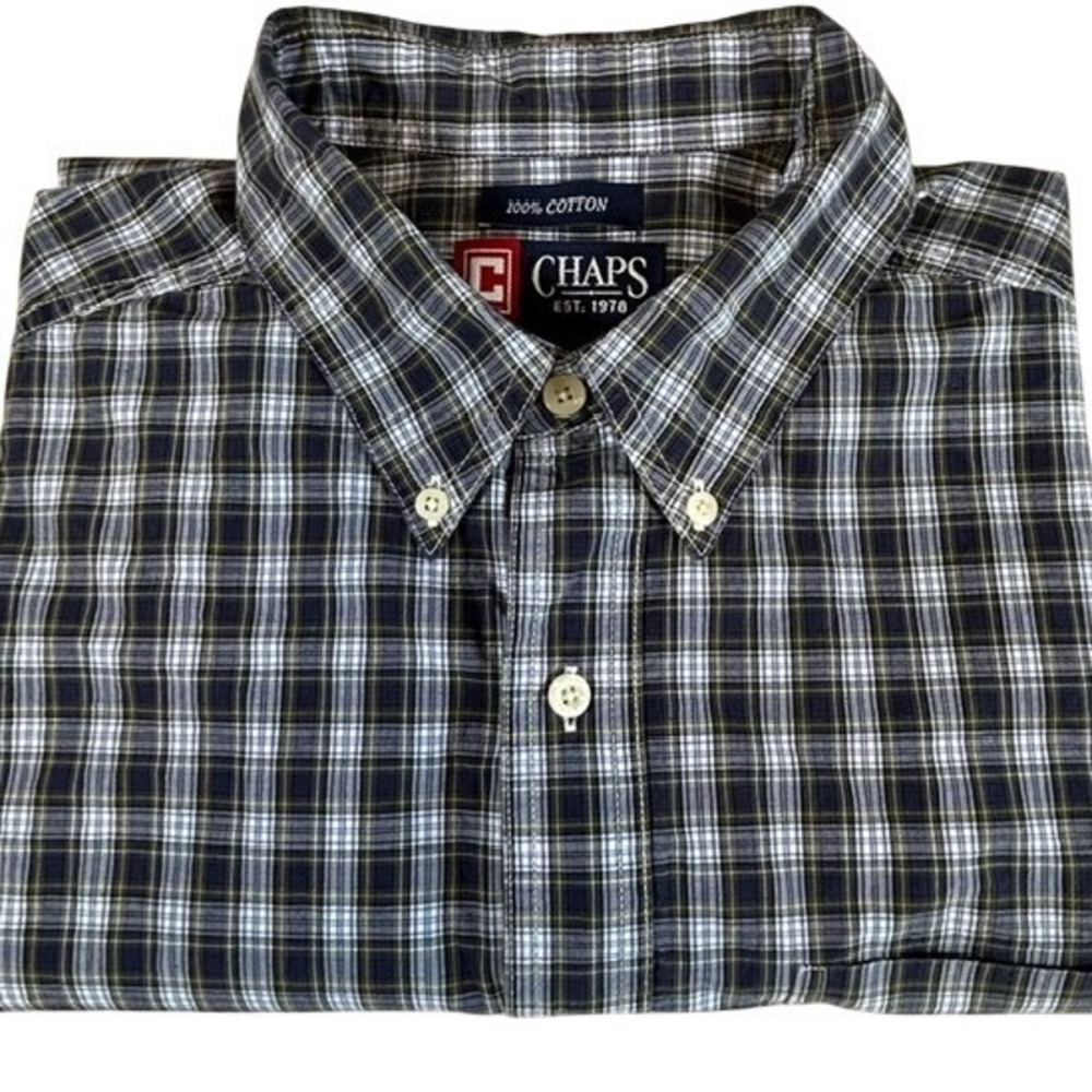 CHAPS Men's Blue White Plaid Cotton Long Sleeve Button Up Dress Shirt MD